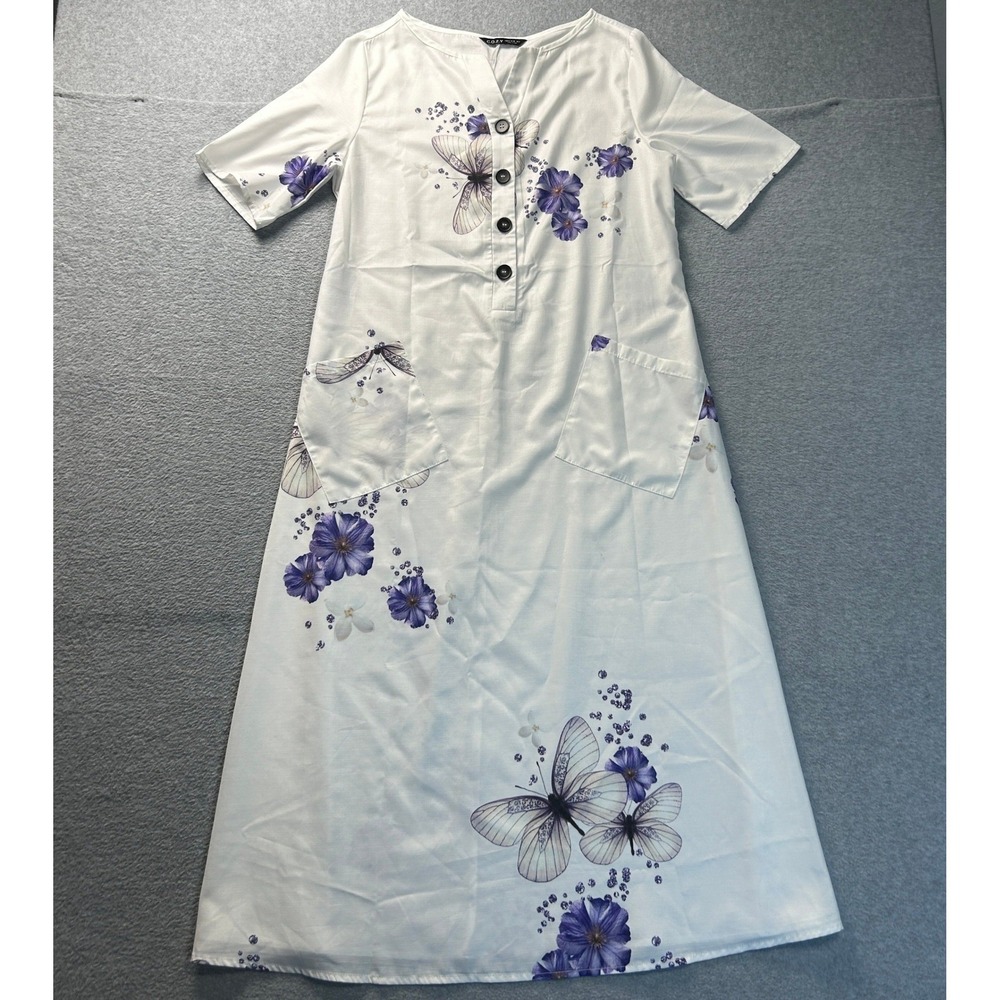 C.O.Z.Y Maxi Lounge Dress Womens Medium White Purple Floral Butterfly Button